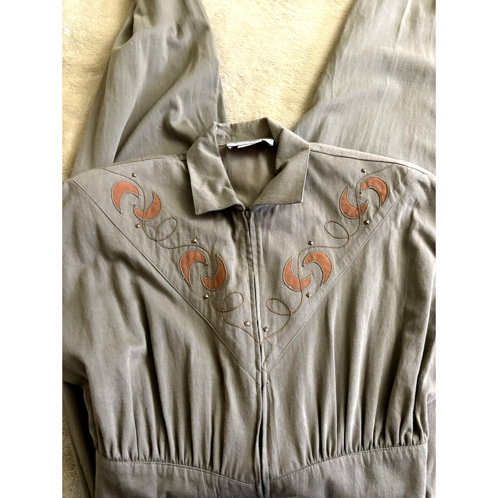 80's Joan Walters Jumpsuit Brown Chalders Pads Sz Medium 100% Cotton Made in USA - Picture 11 of 12